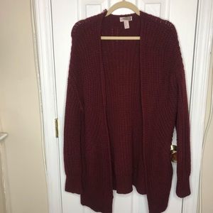 F21 long line burgundy knit cardigan